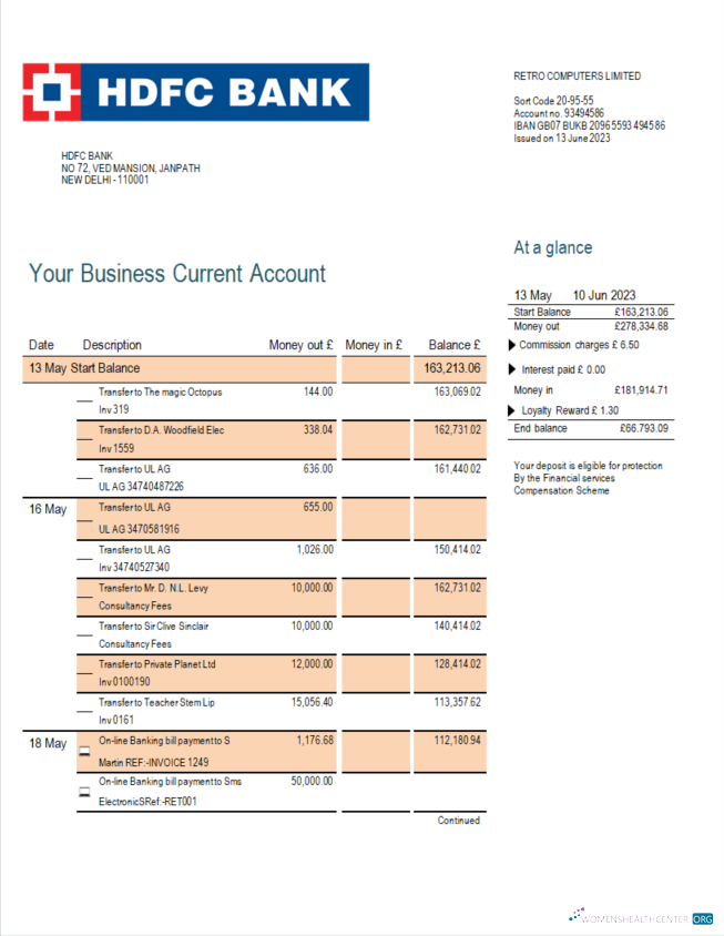 Download HDFC Bank firm account statement Word and PDF template Photoshop template